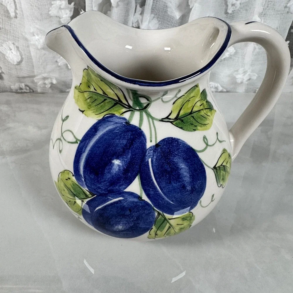 Zanolli Ceramic Pitcher Jug Handpainted Plums Italy‎ Fruit Farmhouse Cottagecore